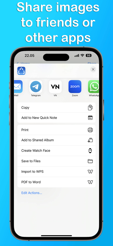 スマートフォンに、変換された画像をメール、Telegram、WhatsAppなどのアプリに送信するオプションが表示されたiOS共有シートが表示されています。