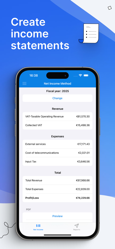 Interfaz móvil de la aplicación BillMore que muestra un estado de ingresos netos con resúmenes de ingresos y gastos.