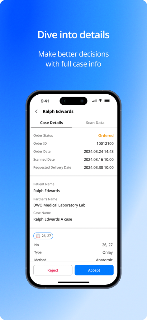 MEDIT M - MEDIT M app interface showing detailed dental case information including order status, patient name, and laboratory details on a smartphone.