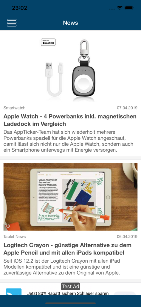AppTicker News - News feed interface of AppTicker News app displaying German tech articles about gadget reviews and Apple device accessories