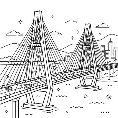 Dive into the world of engineering marvels with this captivating cable-stayed bridge coloring page, perfect for young artists. Kids will love bringing this impressive structure, complete with cars and a city backdrop, to life with their favorite colors.