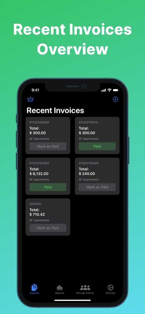 A mobile dashboard showing an overview of recent invoices with payment status and totals