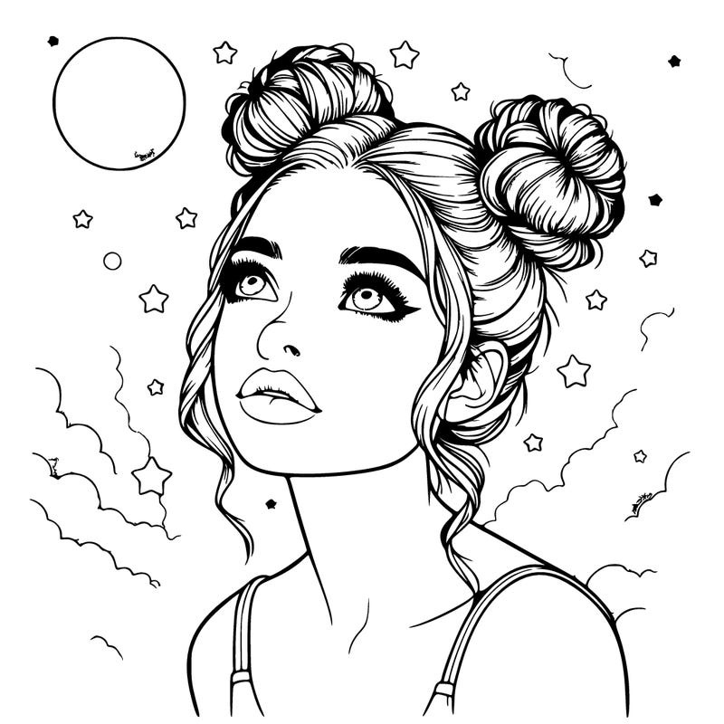 realistic girl with space buns looking up into the sky
