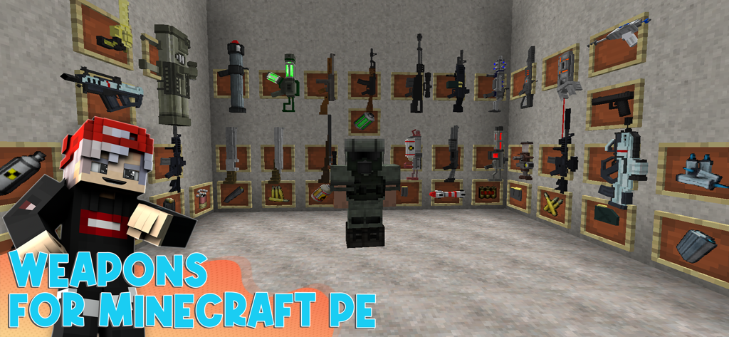 Weapons & Cars Addons for MCPE - Minecraft character standing before a wall of various weapon mods for Minecraft Pocket Edition