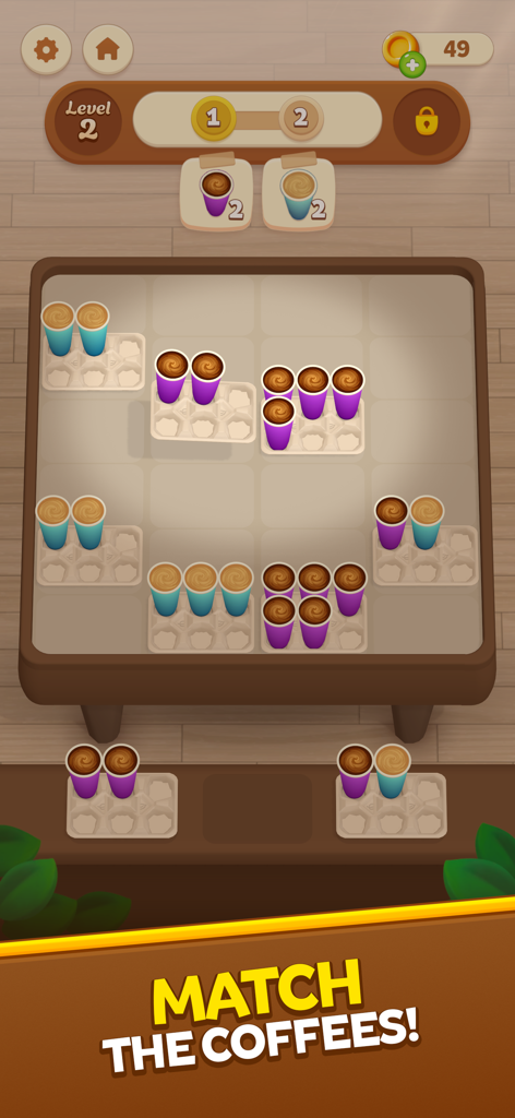 A gameplay screenshot of Coffee Pack showing colored coffee cups being sorted into carriers on a game board.