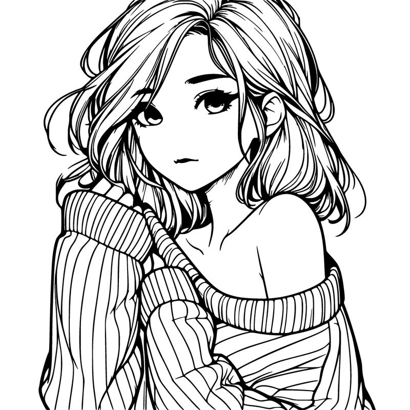 realistic girl with a sweater falling off shoulder