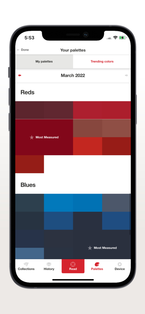 Datacolor ColorReader - Trending red and blue color palettes in the Datacolor ColorReader app