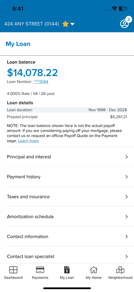 MortgageQuestions - Mobile app interface showing mortgage loan balance and detailed account information