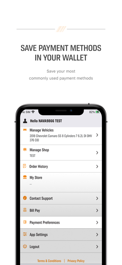 AutoZonePro Mobile app screen showing the account menu with payment preferences and shop management options