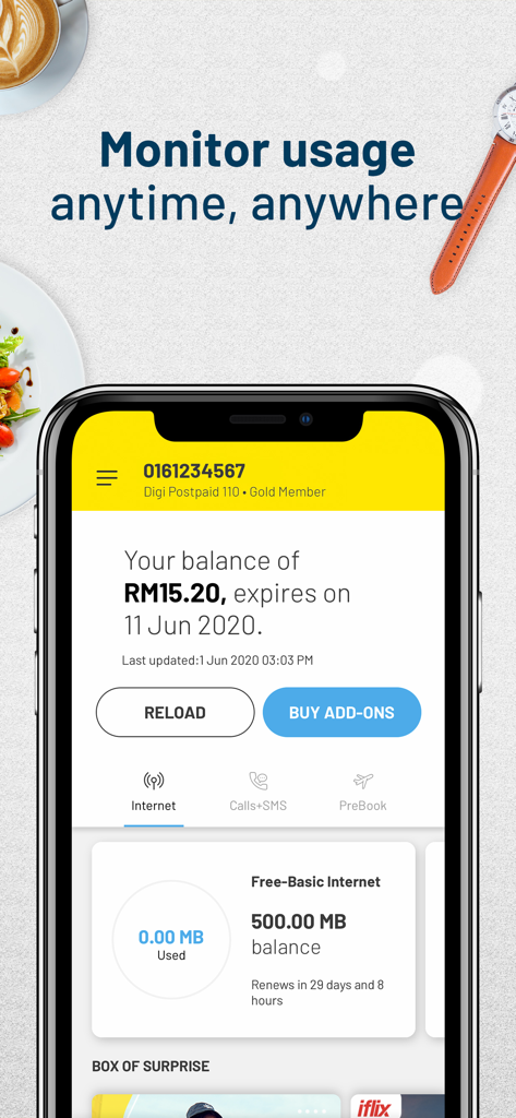 MyDigi Mobile App - 계정 잔액 및 데이터 사용량 모니터를 보여주는 MyDigi 모바일 앱 인터페이스