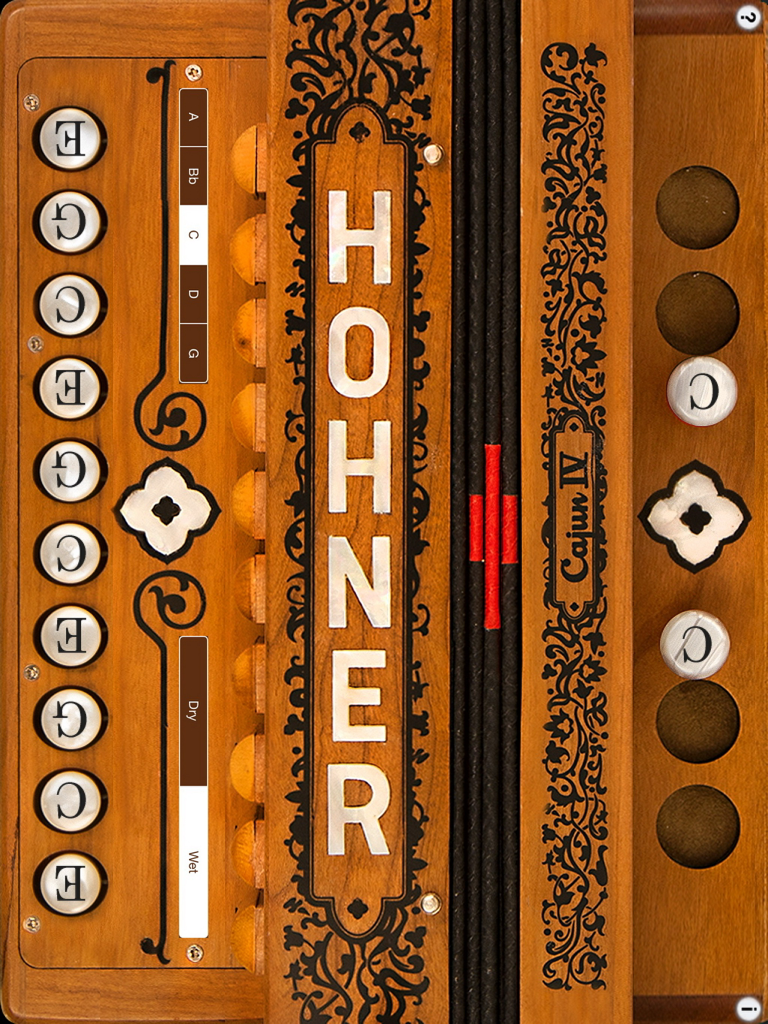 Acordeón virtual Hohner Cajun IV con botones y etiquetas de notas