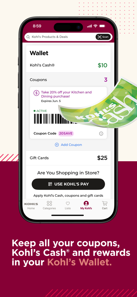 Écran mobile montrant le portefeuille de l'application Kohl's avec des coupons, des récompenses et des cartes cadeaux