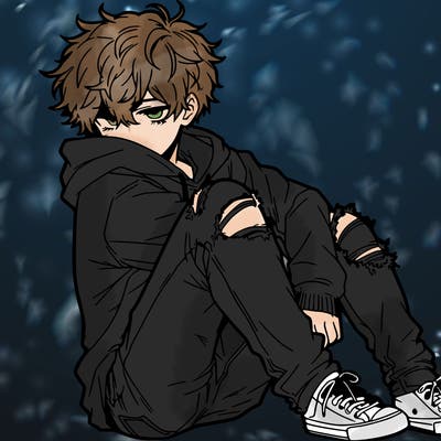 a male hoddie ripped jeans messy hair anime