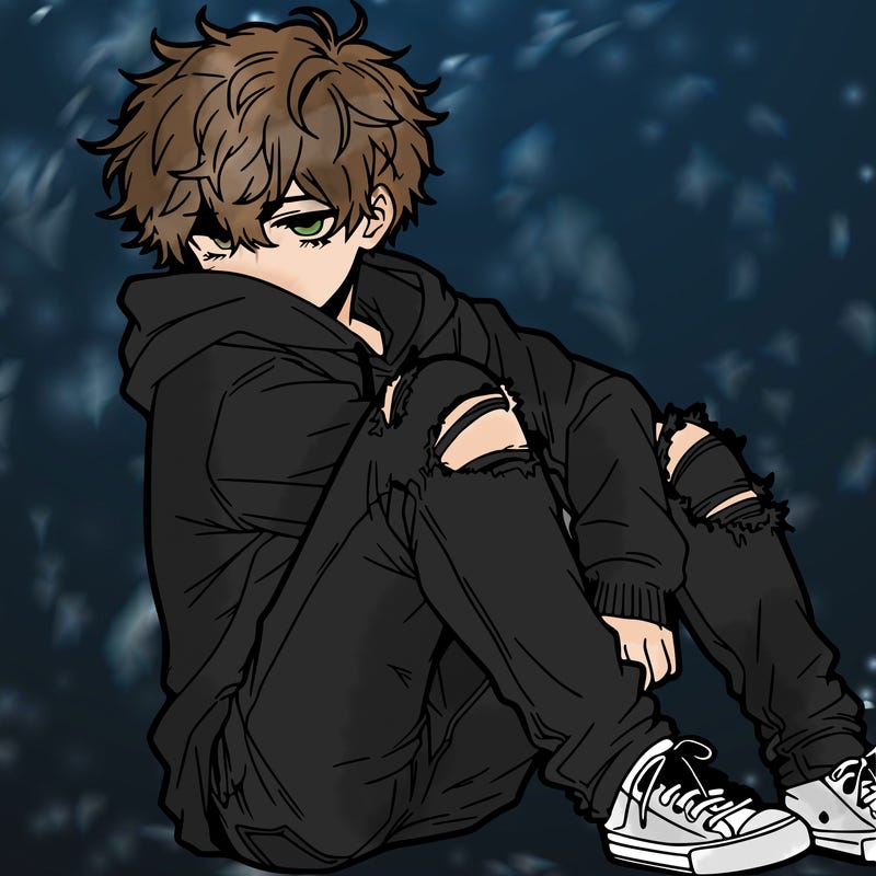 a male hoddie ripped jeans messy hair anime