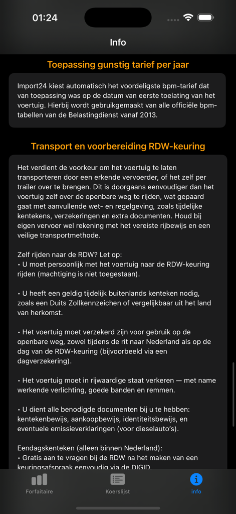 Página informativa de la aplicación de cálculo de BPM que detalla las normas fiscales y los requisitos de inspección de la RDW