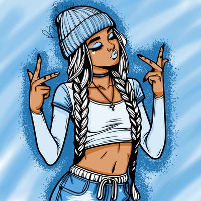 realistic teenage girl with braids and a beanie and crop top doing 🫶🏼