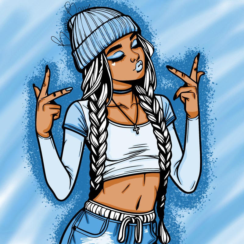 realistic teenage girl with braids and a beanie and crop top doing 🫶🏼