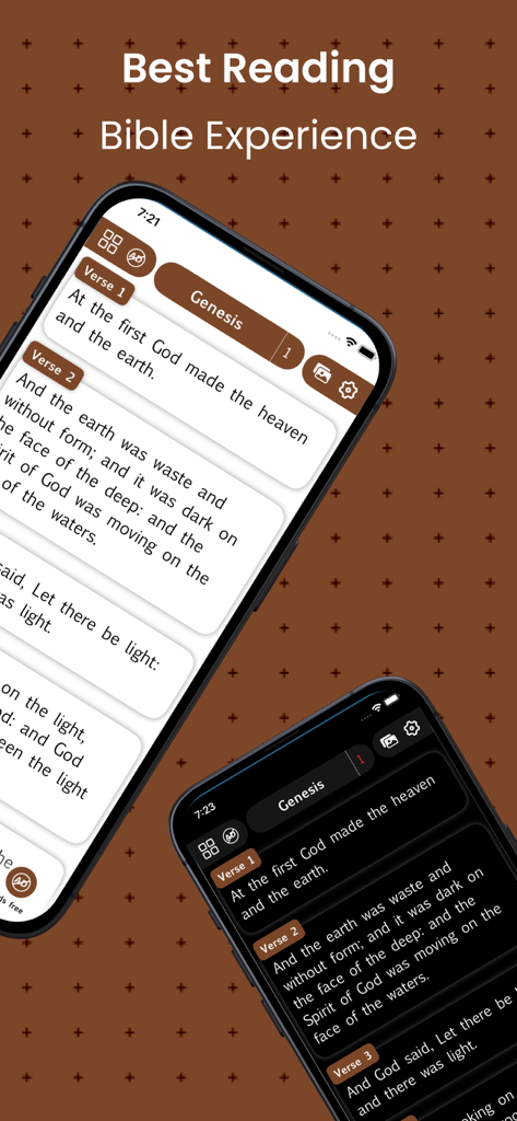 Mobile app displaying Simple English Bible verses from Genesis in light and dark mode