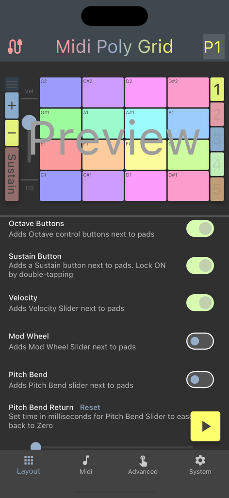 Midi Poly Grid - Midi Poly Grid app interface showing pad configuration settings and a colorful note grid