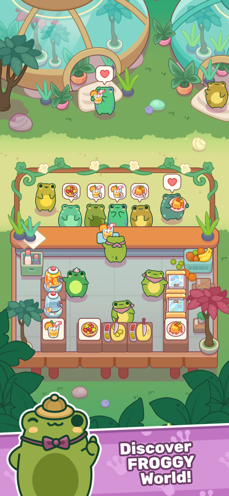 Frogs Kitchen - Cute frog chefs preparing food and drinks for customers in an outdoor cafe