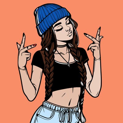 realistic teenage girl with braids and a beanie and crop top doing 🫶🏼