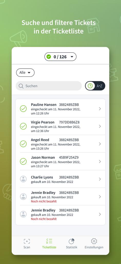 Entry - Die Ticketliste in der Eventfrog Entry-App zeigt Gästenamen und Check-in-Status für eine Veranstaltung an.