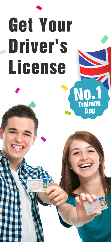 Two young adults smiling and holding their new driving licenses with a UK flag and confetti