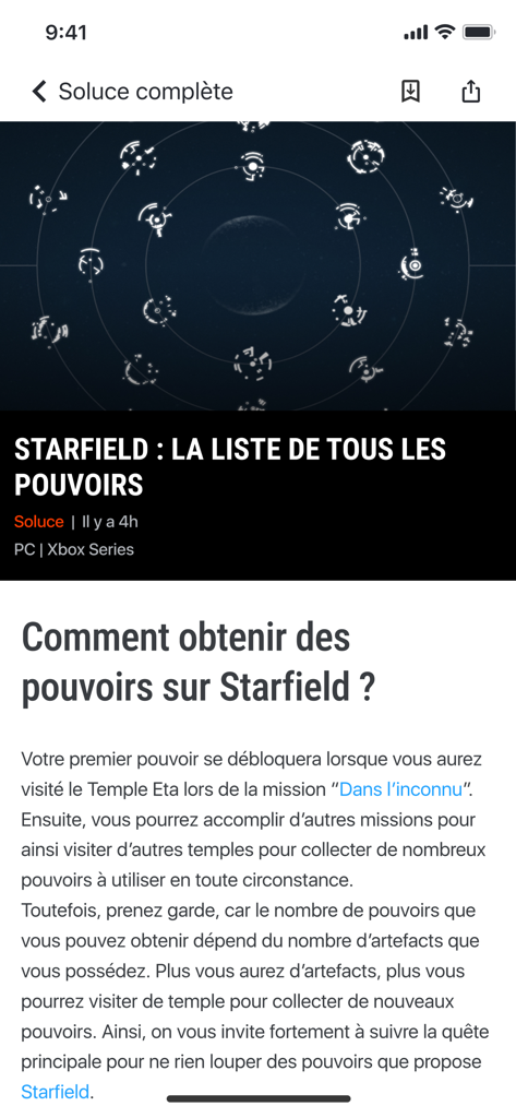 Una guida ai poteri di Starfield sull'app mobile Jeuxvideo.com.