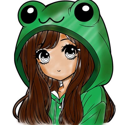 a pretty girl wearing a frog hoodie portrait with long hair