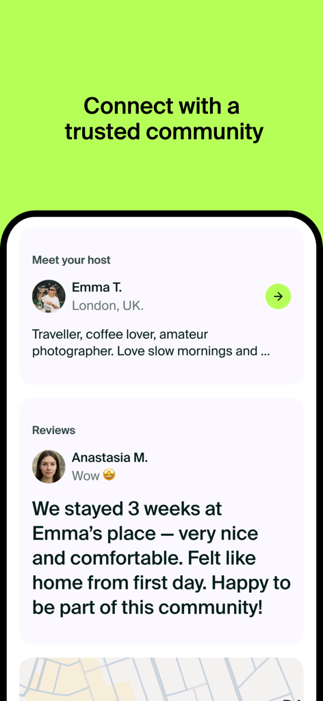 Interface of the Ciao app showing a host profile for Emma in London and a positive community review from Anastasia
