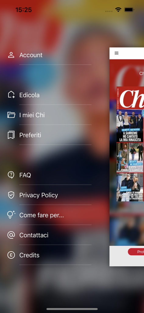 Chi - Menu de navigation principal de l'application Chi magazine affichant les sections Compte, Kiosque et Favoris