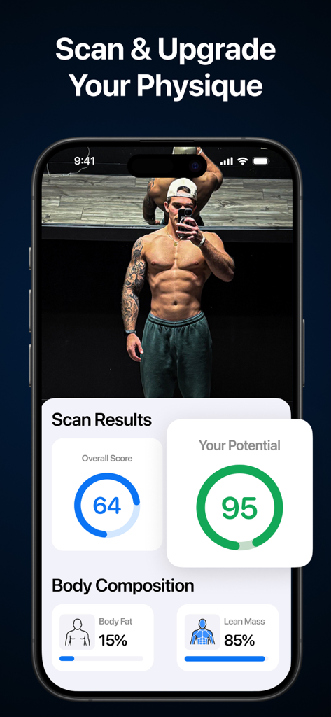PrimeFit - Nutrition For Men - PrimeFit app interface showing physique scan results including body fat and lean mass percentages