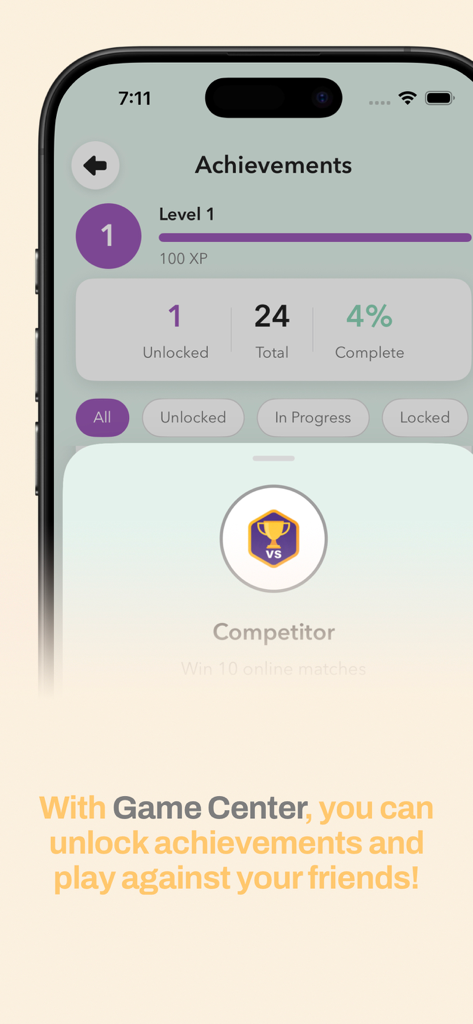 Backwords Game - Achievements menu in Backwords Game showing player level progress and the Competitor badge unlocked via Game Center.