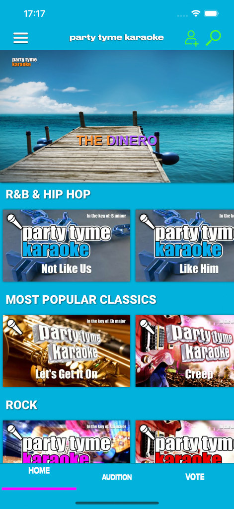 Party Tyme Karaoke - The home screen of the Party Tyme Karaoke app displaying song categories for R&B, Hip Hop, Popular Classics, and Rock.