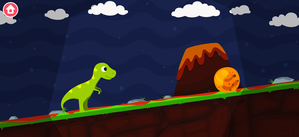 Un dinosauro cartone animato in un paesaggio preistorico con un vulcano e una sfera luminosa.