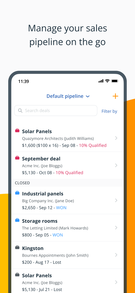 OnePageCRM - Simple CRM System - OnePageCRM mobile interface for tracking sales pipeline deals and status