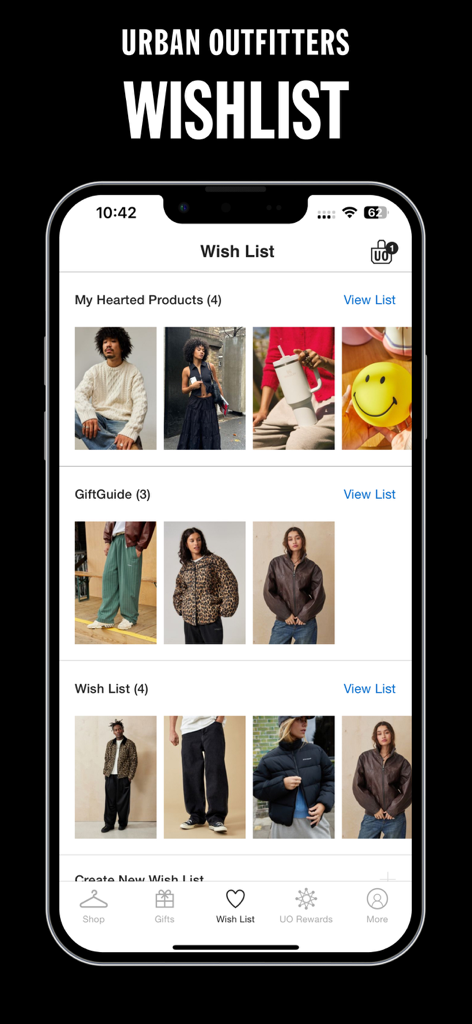 Urban Outfitters - Urban Outfitters mobile app interface displaying multiple curated wish lists including hearted products and gift guides