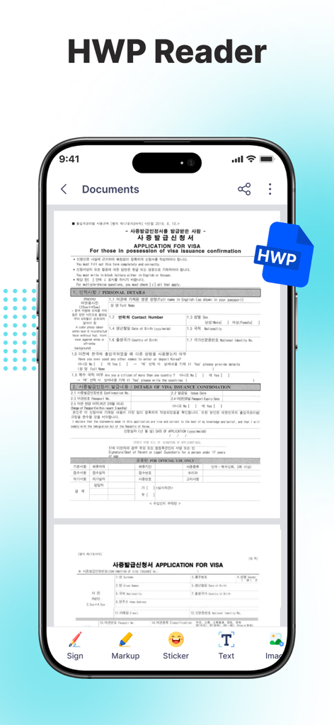 ScanX Pro: Scan PDF, Document - ScanX Pro mobile app interface showing the HWP reader feature