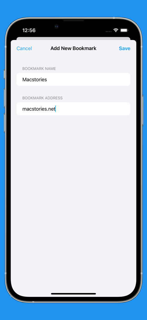 Interface for adding a new bookmark in the uBrowser companion app on iPhone