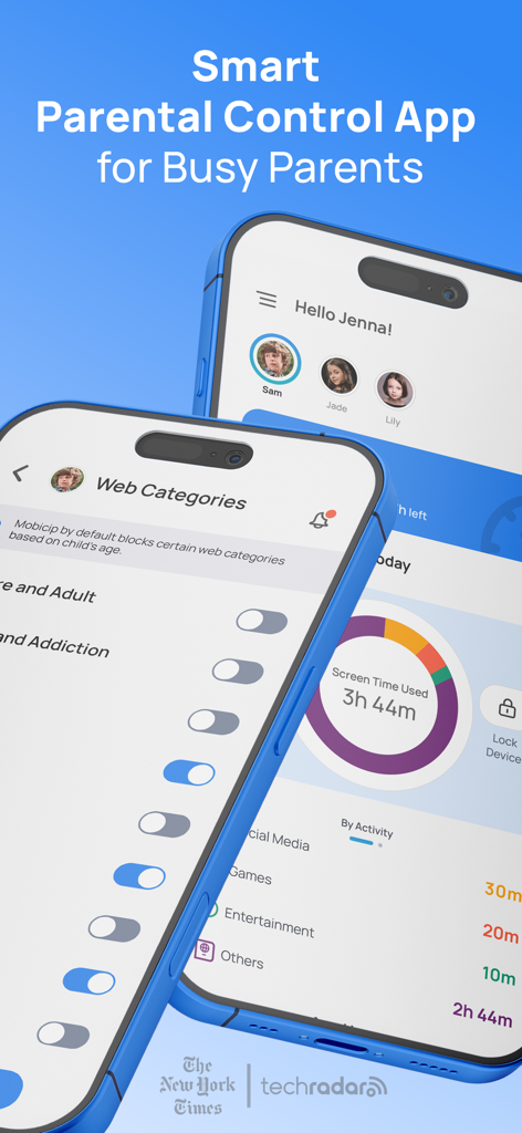 Parental Control App: Mobicip - Mobicip parental control app interface showing screen time monitoring and web category filtering for multiple children