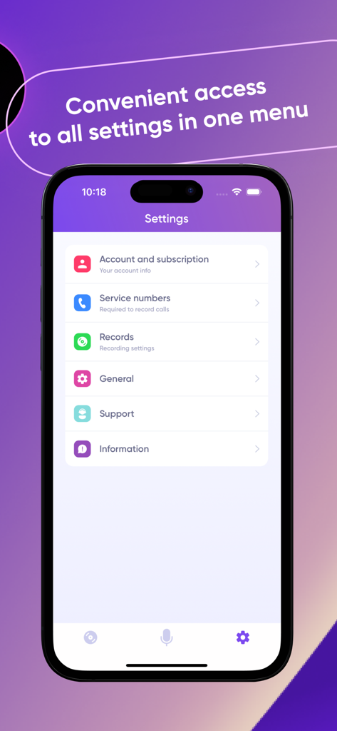 REKK Call Recorder app settings screen showing menu options for account subscription service numbers and recording settings