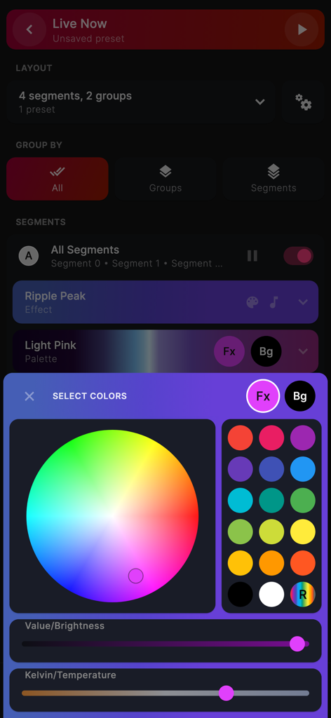 WLED+ - Advanced color selection menu in the WLED+ app featuring a color wheel and brightness sliders