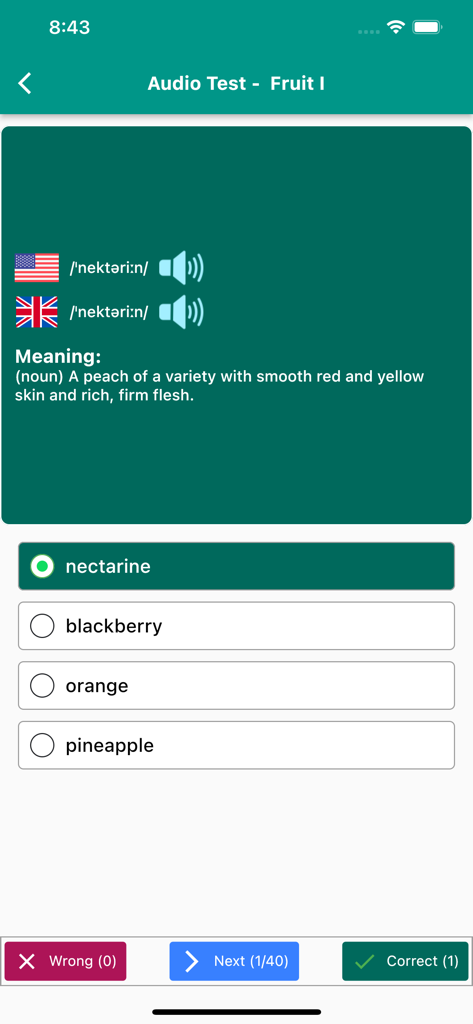 English Vocabulary in Use - Audio test screen in the English Vocabulary in Use app showing a definition and pronunciation options for the word nectarine.