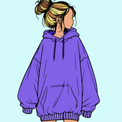realistic girl with a oversized sweatshirt on and a bun