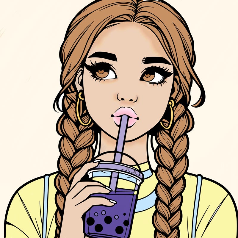 realistic girl with braided hair drinking boba
