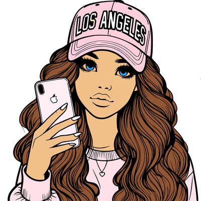 realistic beautiful girl wearing los ángeles cap holding an iphone