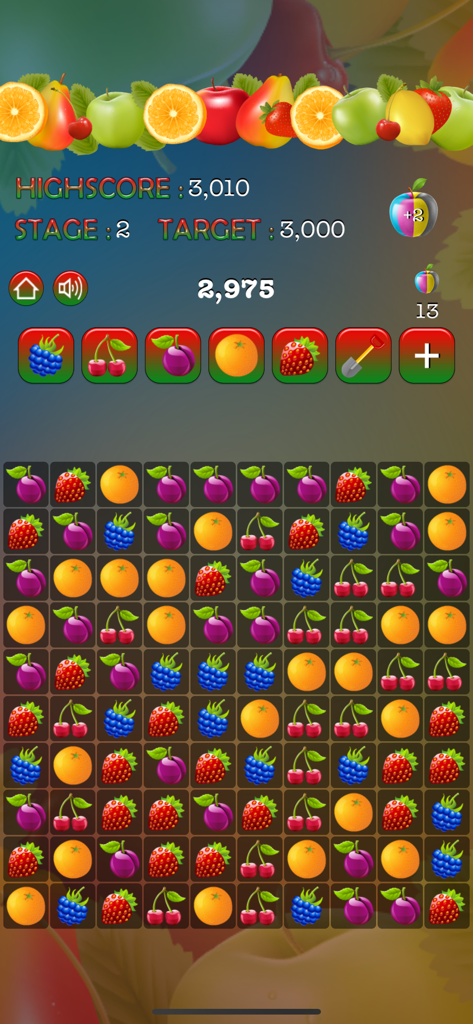 Interface de jogo do Pop Pop Fruit Puzzle com uma grade de várias frutas e metas de pontuação.