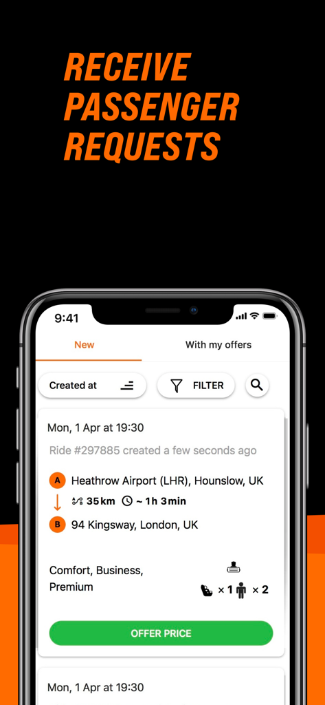 GetTransfer DRIVER Service - Smartphone screen displaying a passenger transfer request from Heathrow airport with details and an offer price button