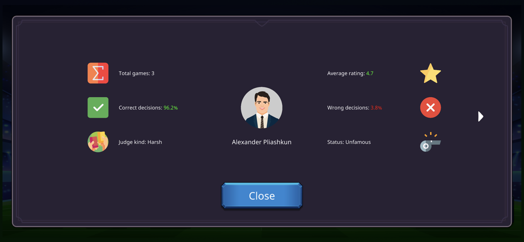 Football Referee Lite - Character profile screen in Football Referee Lite showing referee performance statistics and rating