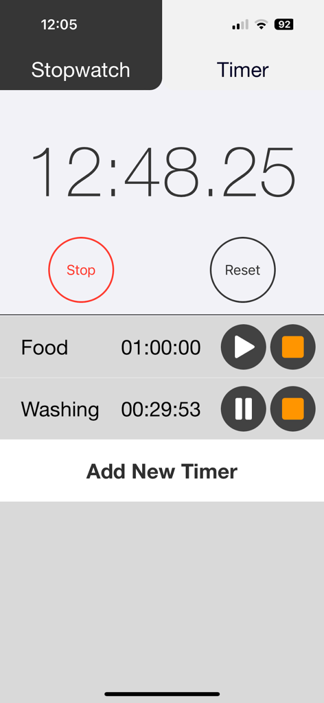 Stopwatch interface and multiple timers with custom labels for food and washing